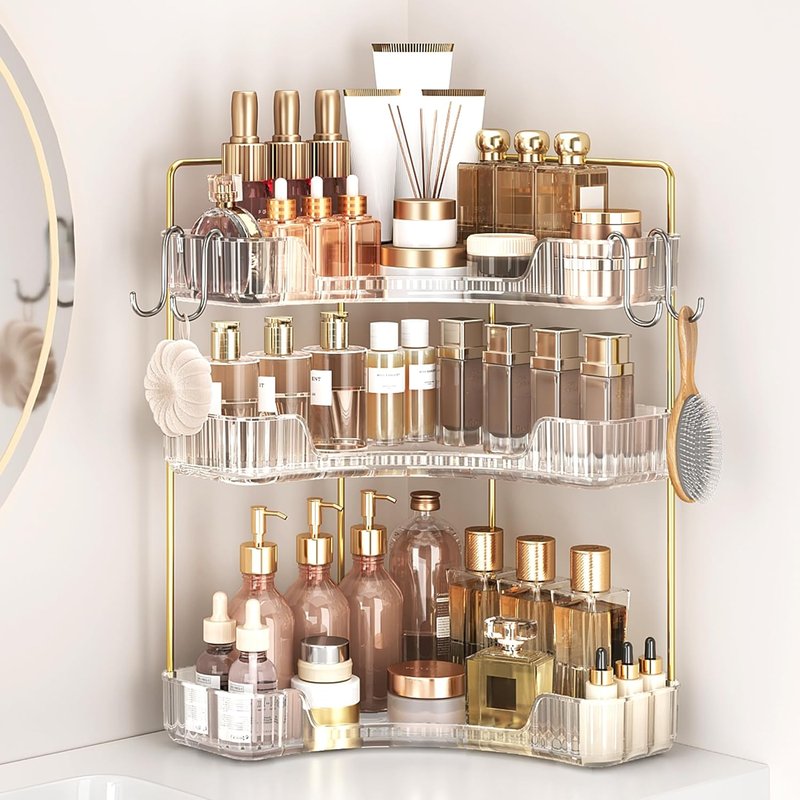Clear 3-Tier Bathroom Organizer by Corner - Stylish Countertop Storage with Hooks for Makeup & Skincare