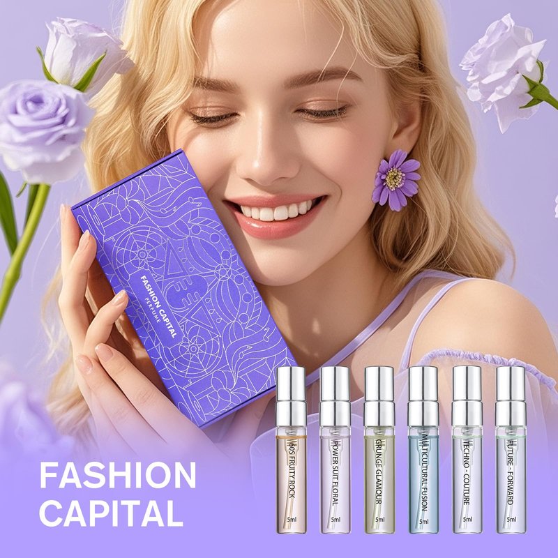 Roseye 6pcs Fashion Capital Perfume Samples Set,Travel Size Mini Perfume with Scent Cards, Inspired by American Fashion Icons, Perfume Discovery Set Holiday & Birthday Gift Idea