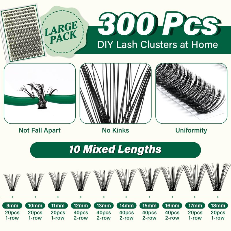 KEYYOU Lash Extension Kit DIY 300Pcs Lash Clusters Kit 40D 0.07 D Curl 9-18MIX Eyelash Extension Kit Individual Lashes Kit with Lash Bond and Seal, Lash Tweezers and Remover for Self Use