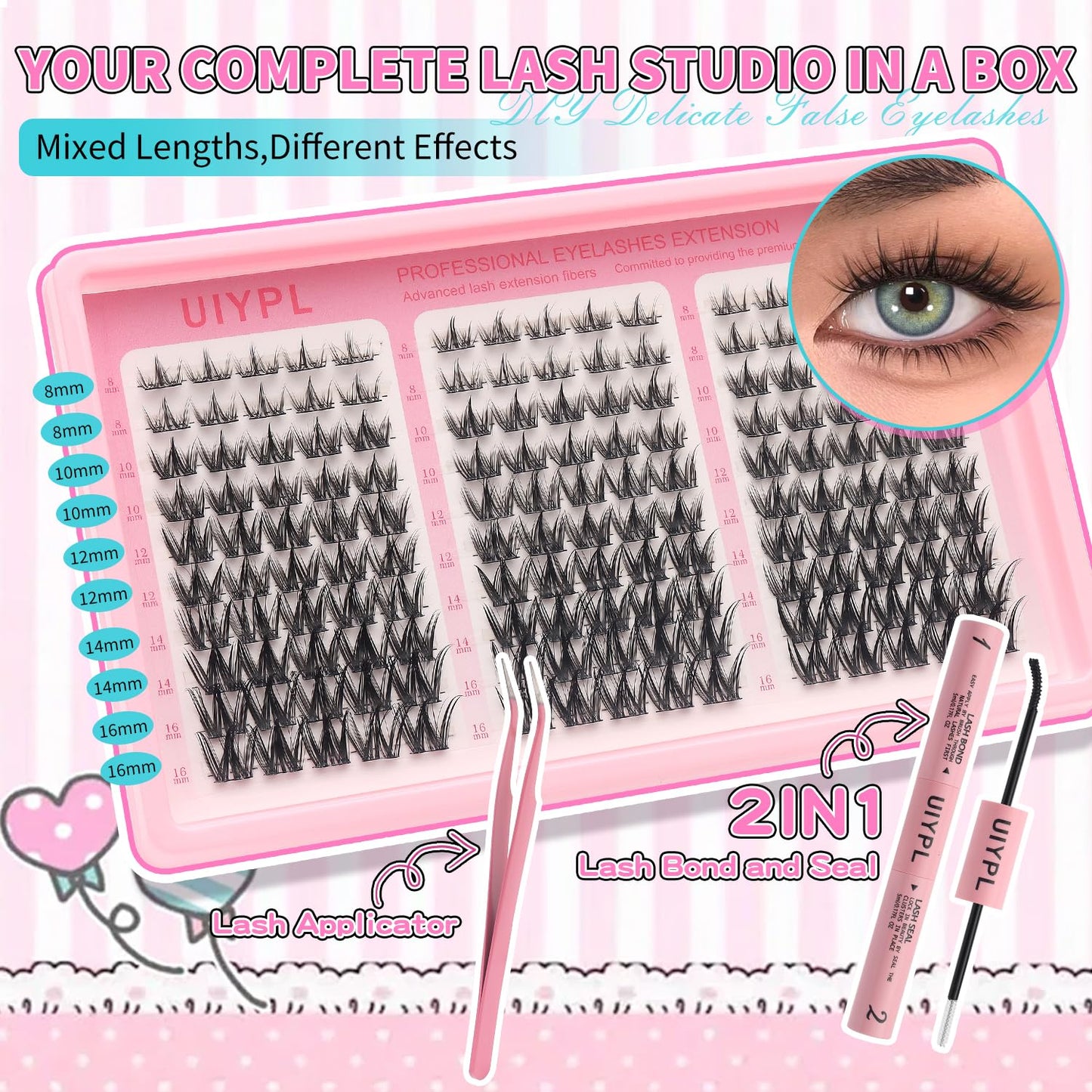 UIYPL Lash Clusters Kit-Cluster Eyelash Extensions. Eyelash Extension Kit. Volume Lash Clusters. Pro Lash. False Eyelashes & Adhesivesc. (cutey kit 150pcs)