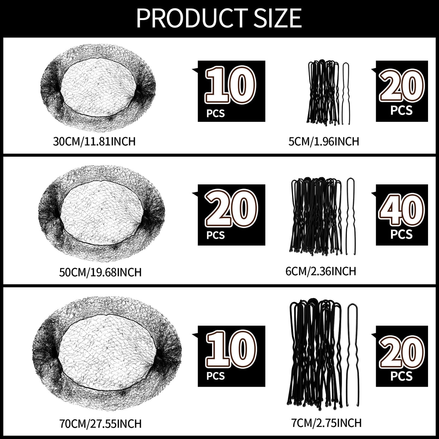 Teenitor Invisible Elastic Hair Nets with Bobby Pins for Ballerina Buns - 40 Black Nets (12, 20, 28 Inch) and 80 Pins