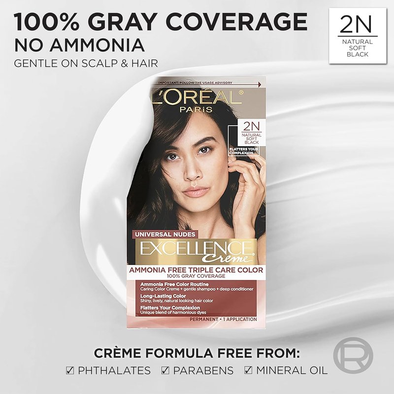 L’Oreal Paris Excellence Universal Nudes Hair Color - Ammonia-Free Gray Coverage, 2N Natural Soft Black, 1 Kit
