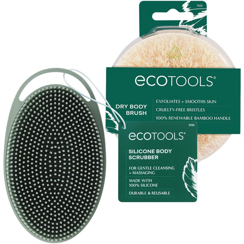 EcoTools Dry Body Brush for Circulation, Dead Skin Removal + Sage Green Silicone Body Scrubber & Massager for Exfoliating, Cleansing & Self-Care Gifts