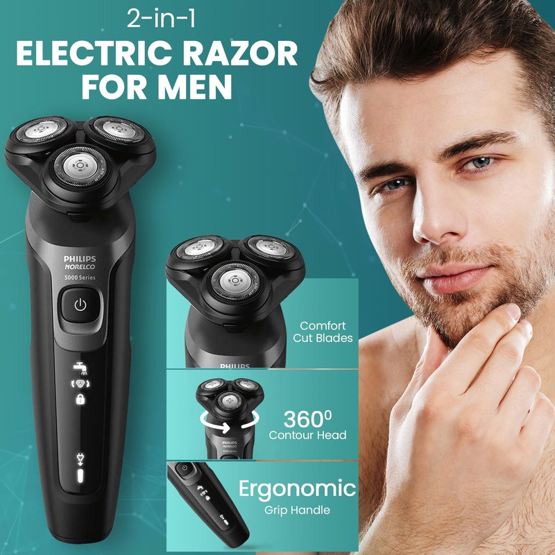Philips Electric Shavers for Men, Rechargeable AquaTouch Mens Electric Shaver Wet and Dry with Comfort Cut Blades and Click-on Precision Trimmer, Cordless Electric Razors with 5D Flex Head