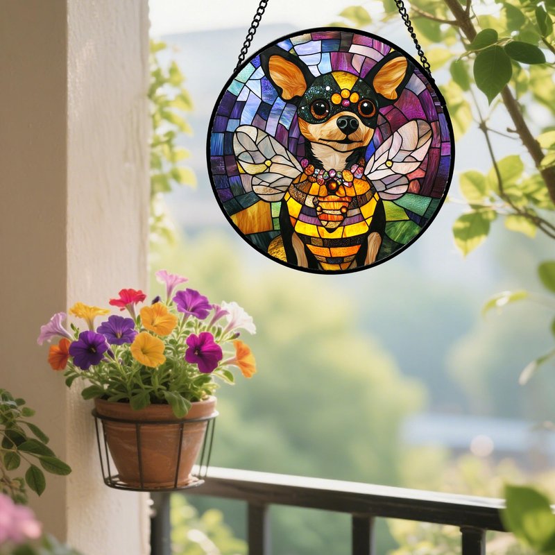 QZQCBLC Stained Glass Window Hanging Cute Bee Dog 6.3" - Black Yellow Suncatcher Door Terrace Garden Sun Catcher Home Decor Birthday Christmas for Mom Men Woman Wife Friend