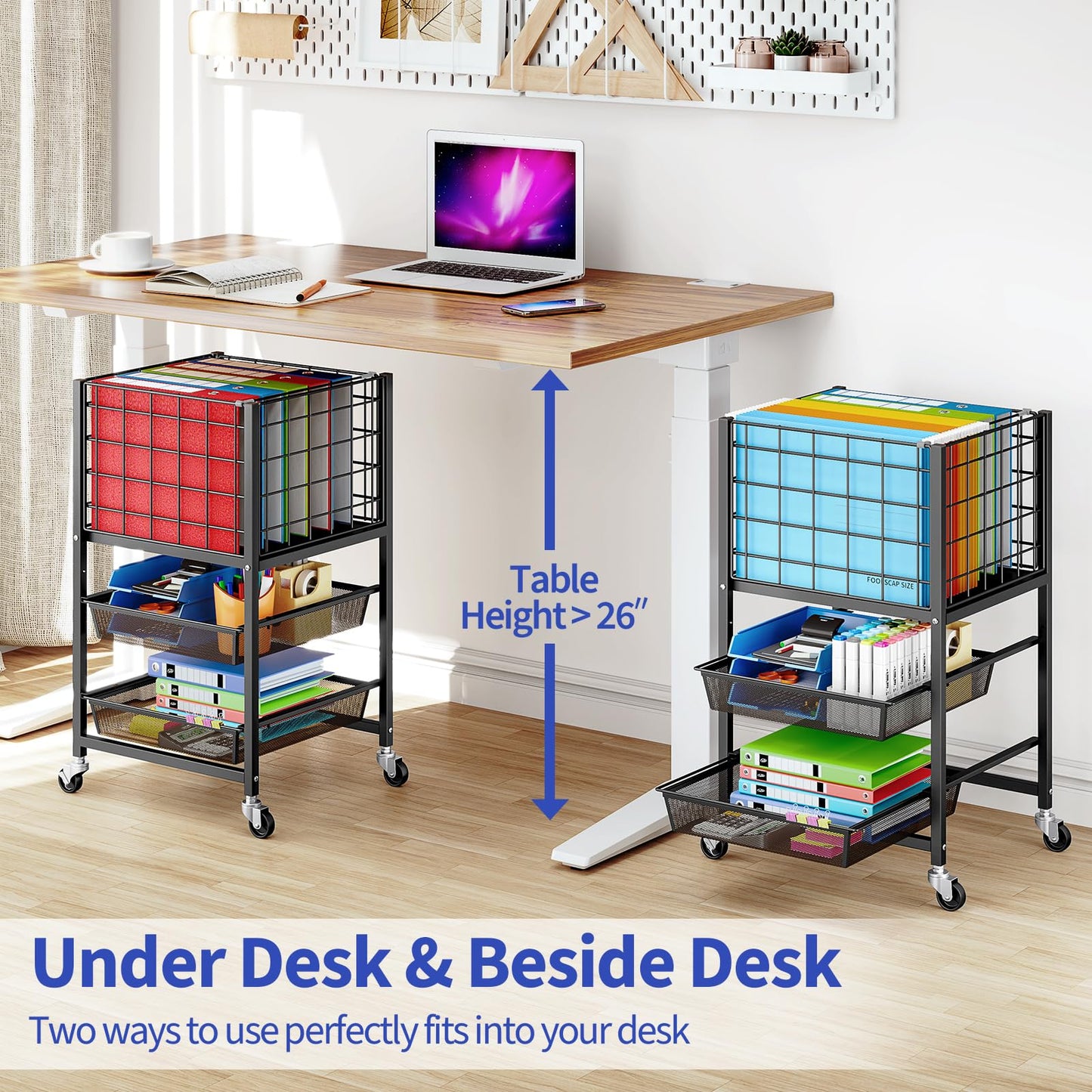 TOOLF 3-Tier Rolling File Cart, Metal Storage Drawer Cart with 2 Sliding File Trays, Adjustable Rod for Hanging Various File Sizes, File Organizer Cabinet on Wheels, for Office, Home, Classroom, Black