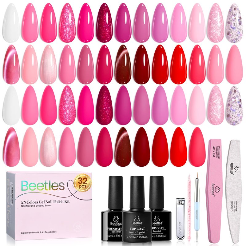 Beetles Pink Gel Polish Set - Love's Prism 25 Color Pink Gel Polish Set with Nail Tools, White Red Glitter Pearl Spring Nail Gel, Salon DIY Soak Off UV Nail Lamp Summer Gifts for Women