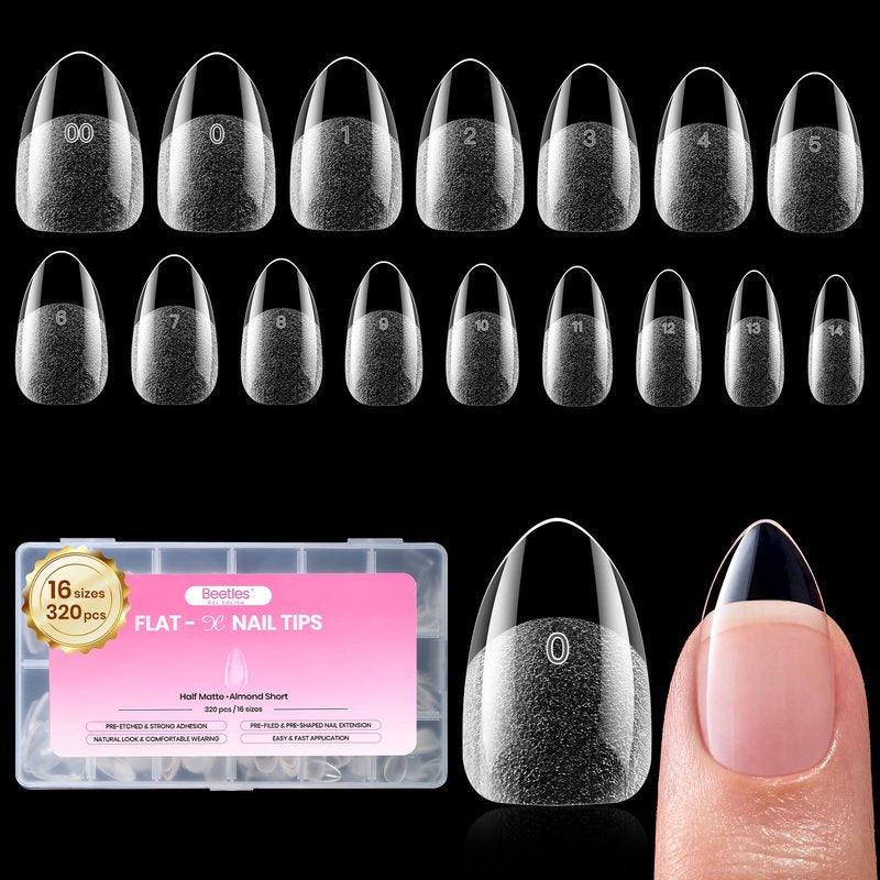 Beetles Short Almond Nail Tips, 320pcs 16 Sizes(00-14), Pre-Etched Half-Matte Full Cover Soft Gel Nail Tips Flat-X, Clear Press On False Nail Supplies, Easy DIY Nail Extension Salon Gift for Women