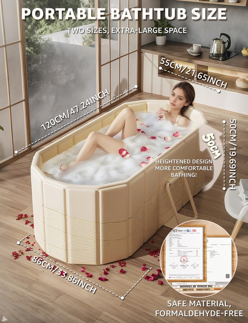 Portable Foldable Bathtub for Adults,47"Lx22"Wx20"H,White