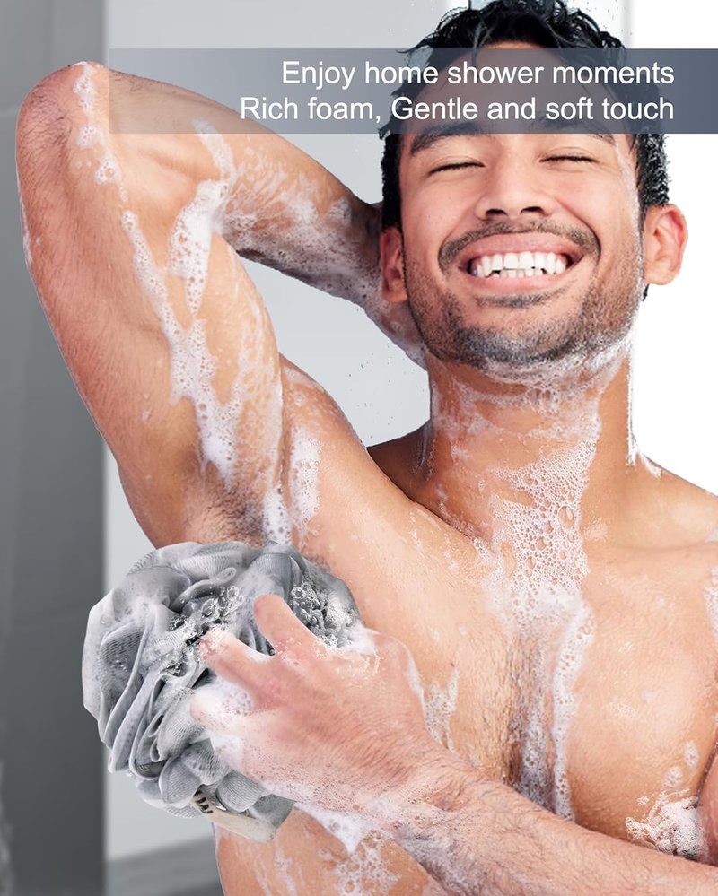 MTDLYICE Loofah Sponge - XXL Large Soft Mesh Bath Pouf | 100g 4 Pack for Men - Blue Gray Body Scrub
