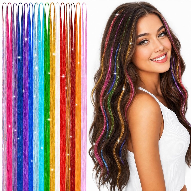 Skiennix Hair Tinsel Kit - 18 Color Sparkly Extensions with 7800 Strands | Heat Resistant Glitter for Festivals