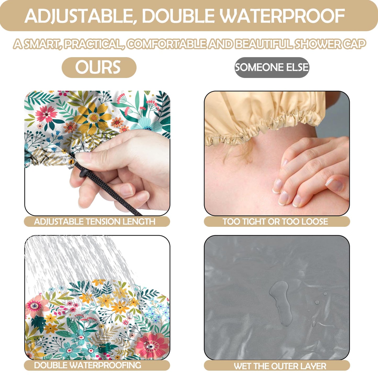 BHAHB 2 PCS Shower Cap Reusable Waterproof Double Layer Elastic Adjustable Hair Bath Caps Cute Aesthetic for Women Girls-Flowers