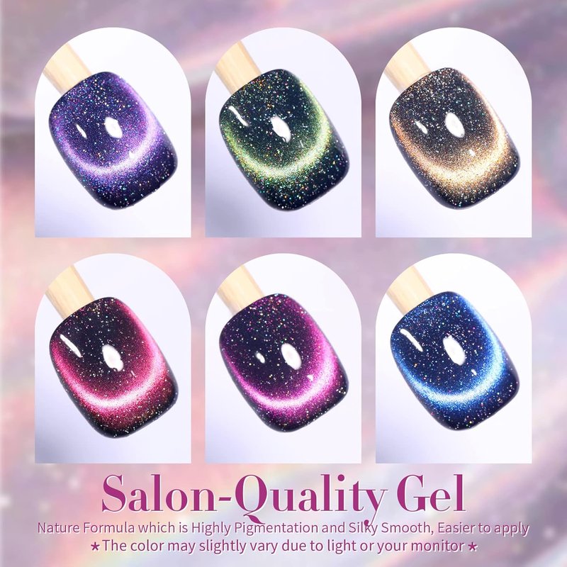 Born Pretty 9D Magnetic Gel Nail Polish Set - Holographic Reflective Glitter | 6 Colors, 7ML Each