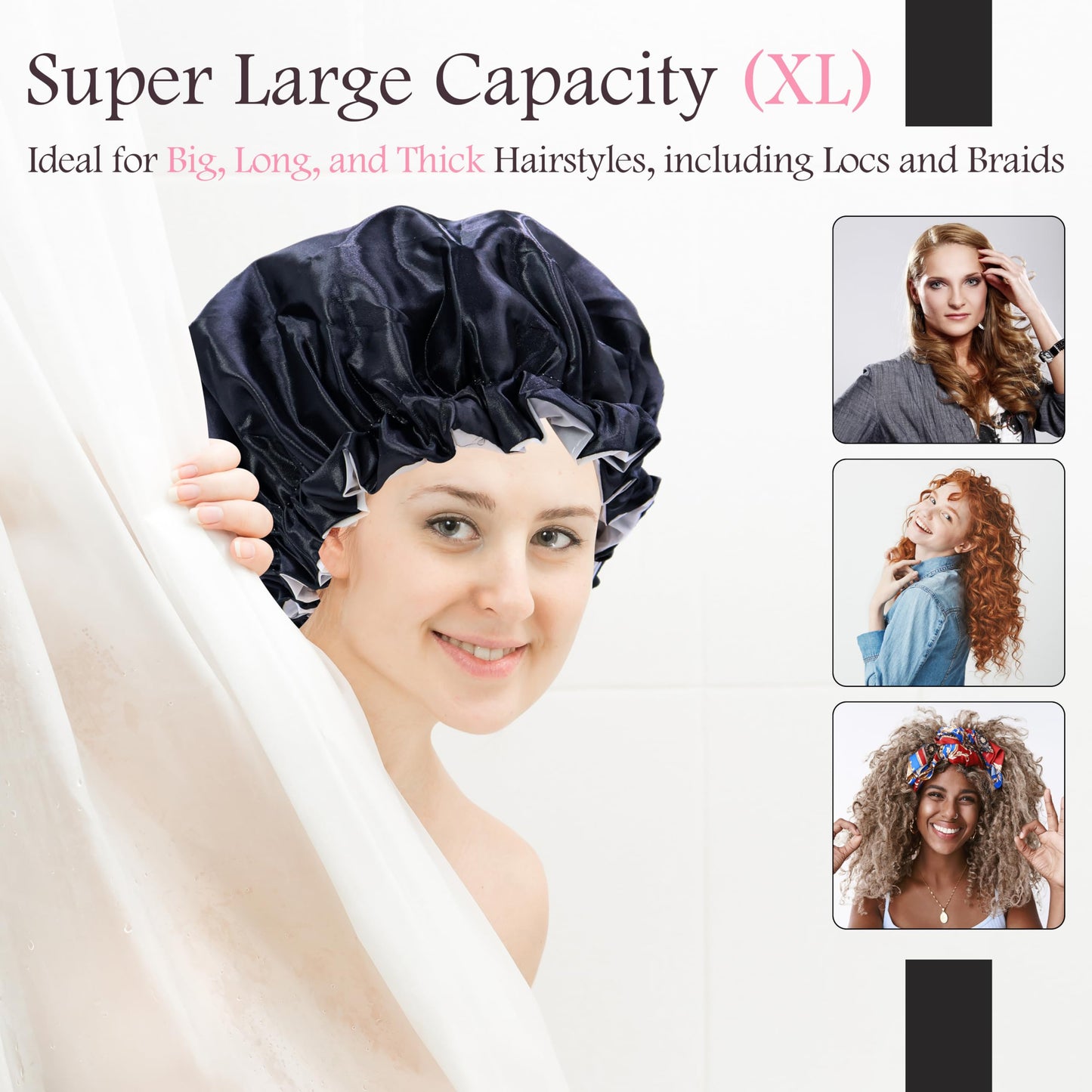 Shower Cap for Men, Waterproof Bath Shower Caps Double Layer Reusable Reusable Satin Bonnets Adjustable Elastic Bathing Hair Cap for Men Women