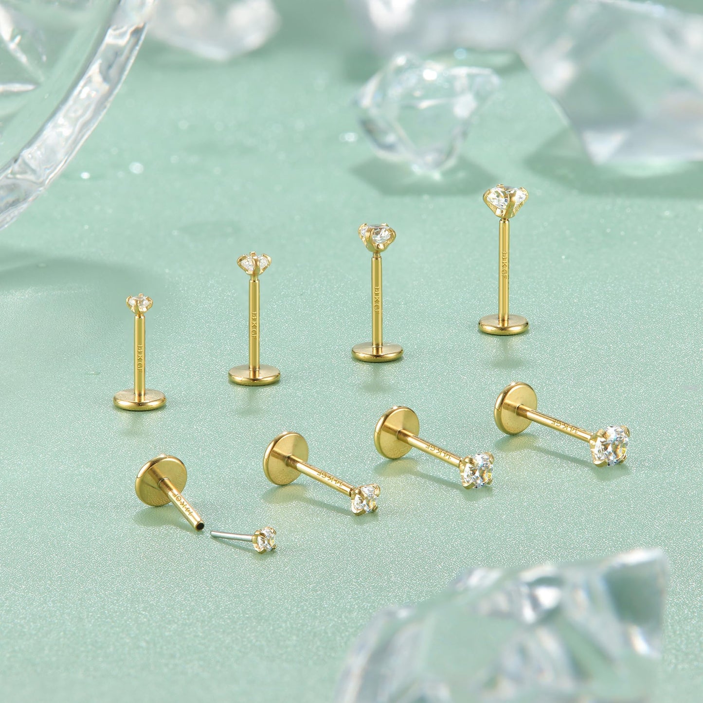 LOLIAS 14K Gold Filled Threadless Nose Studs CZ Nose Rings for Women Men 316L Surgical Steel Labret Studs Lip Rings Push in Flat Back Stud Earrings CZ Nose Nostril Tragus Helix Piercing Jewelry