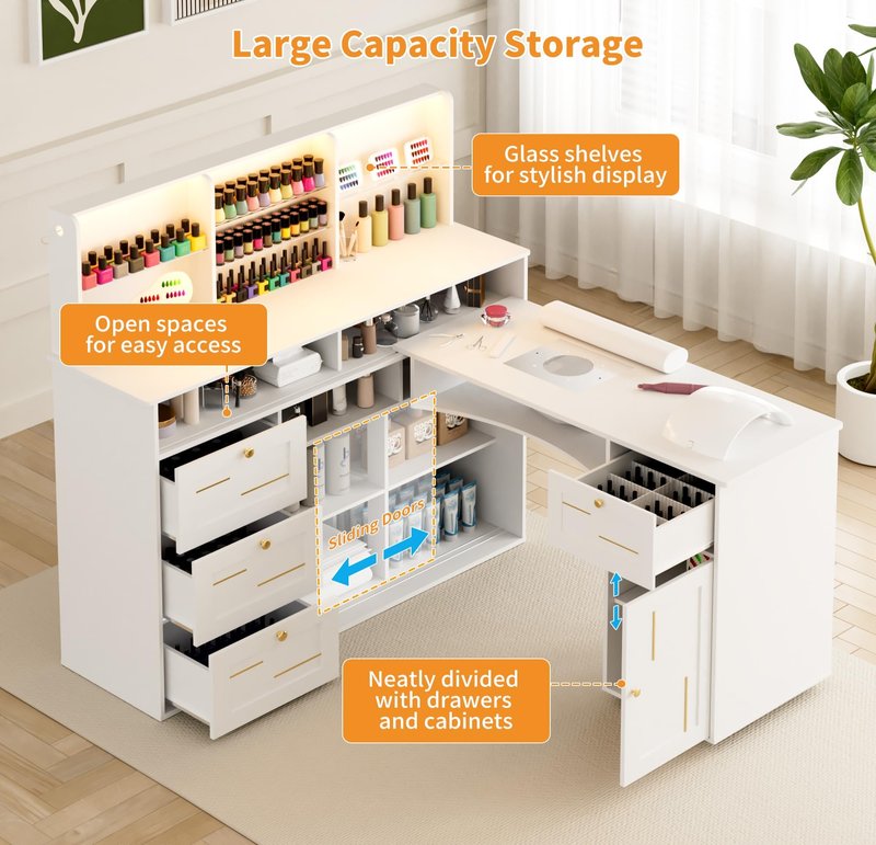 HolaiNail Manicure Table with Dust Collector, L-Shaped Nail Desk with Mobile Desktop, LED Light, Glass Display Rack, Storage Cabinets and Drawers for Home Spa Beauty Salon Nail Station, White