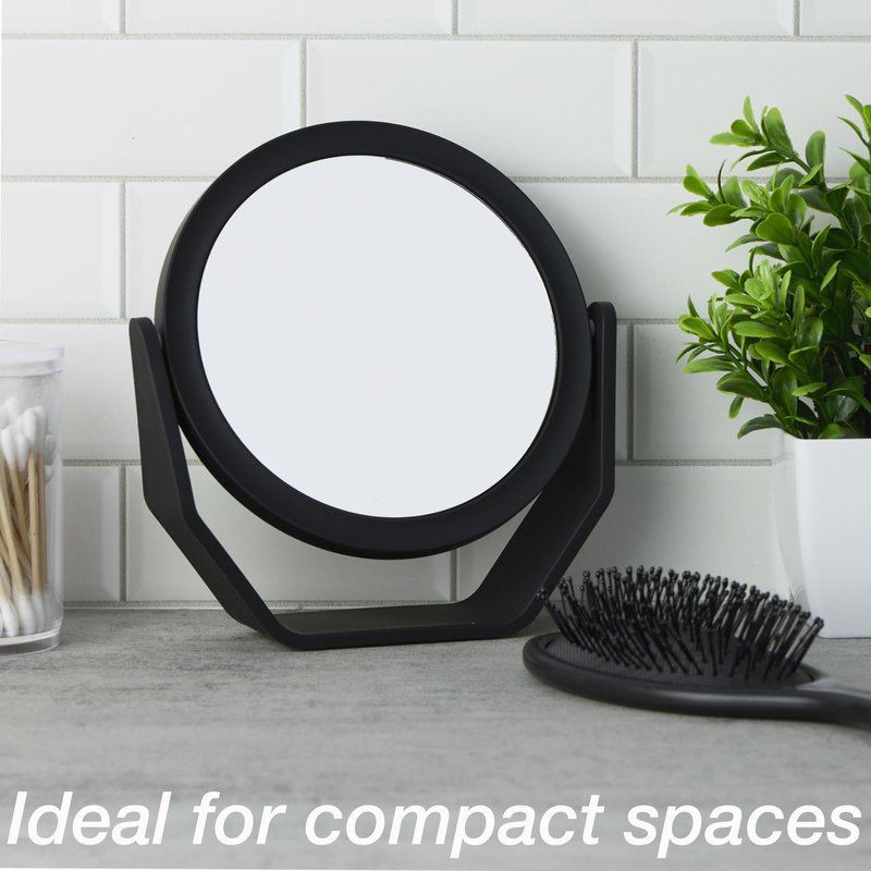 EXPRESSIONS Black Soft Touch Rotating Makeup Mirror – 1x/2x Magnification | Round Vanity Mirror Handheld Tabletop & Travel | Small Magnifying Desk Mirror for Women – Compact