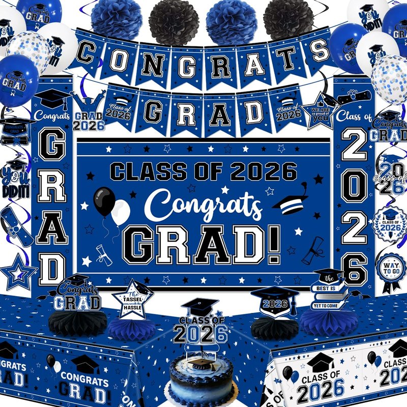 Graduation Decorations 2026 Blue Class of 2026 Congrats Grad Backdrop Door Banner Tablecloth Balloons Cake Topper Honeycombs Hanging Swirls for Graduation Party and High School College Celebrations