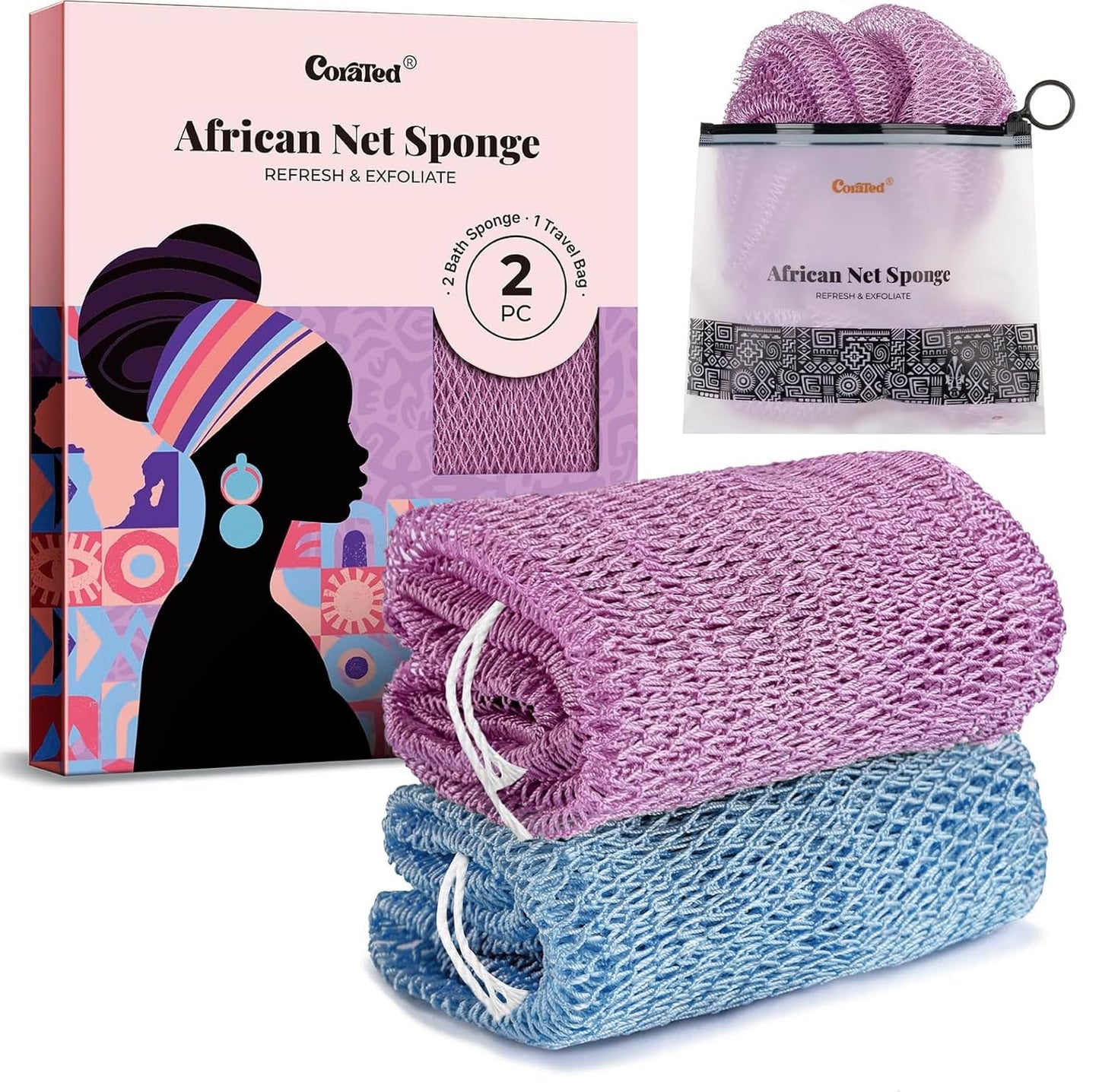 CORATED African Net Sponge with Knots Authentic, Shower Loofah Exfoliating Bath Sponge, Body Scrubber for Women Daily Use Body Care, Travel Portable Bath Accessories for Bathroom
