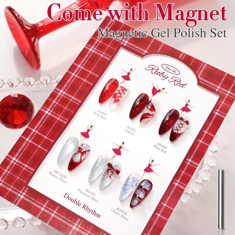Double Rhythm Gel Polish Set - 6 Pcs 15 ML Soak Off Nail Art Kit | Jelly Burgundy Red & Silver Glitter