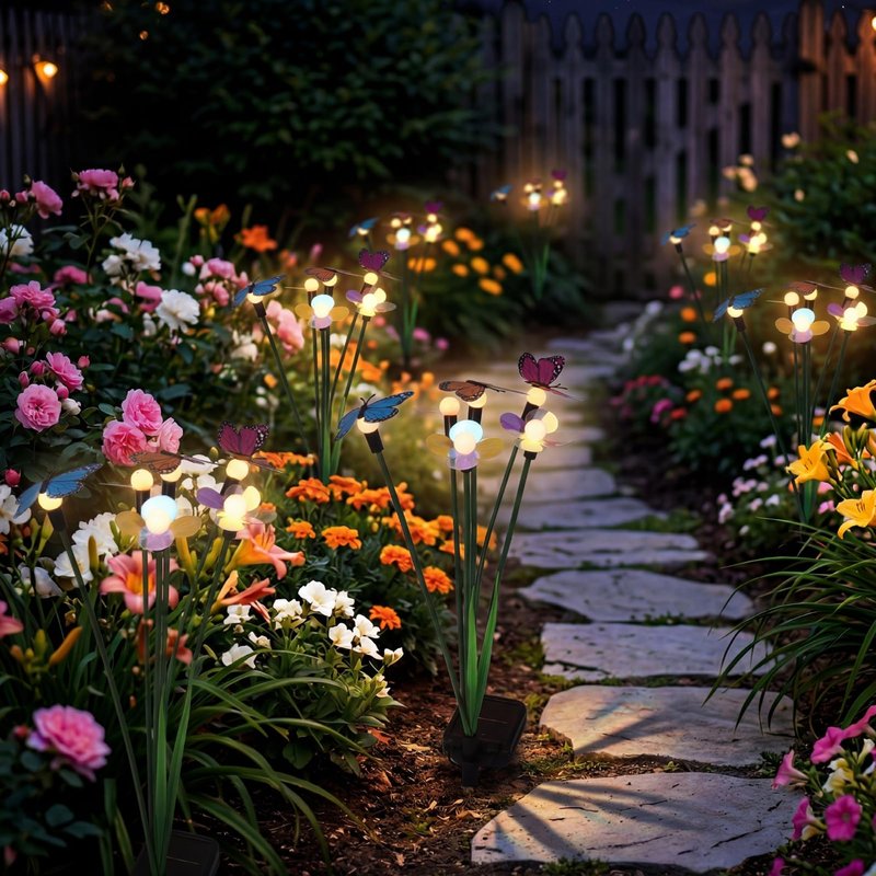Hoikwo Solar Garden Flower Lights 4 Pack, Swaying Butterfly Flower Stakes Outdoor, Lifelike Butterflies and Flowers with 6 LED Warm Lights, Solar Lights Decor for Yard, Patio, Garden, Pathway