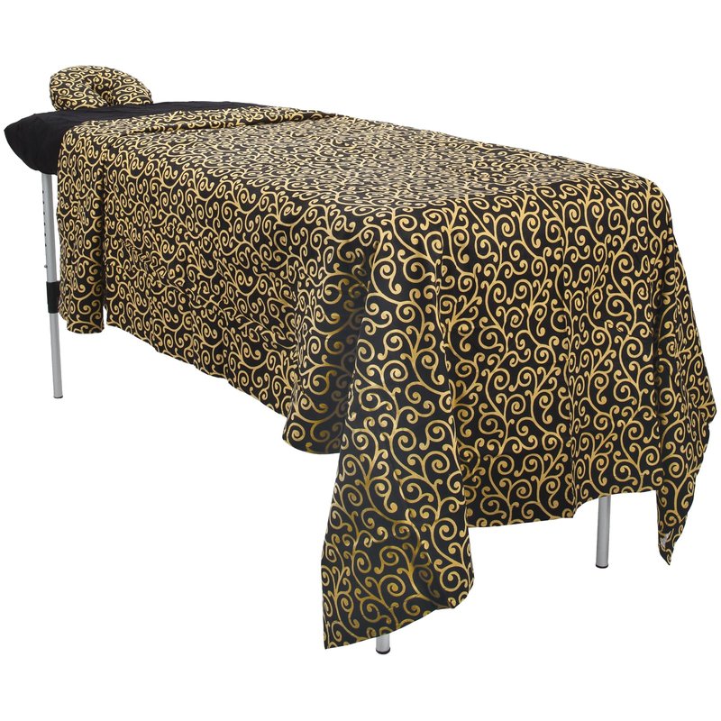ForPro Premium Designer Flannel 3-Piece Massage Sheet Set, Golden Swirl with Black Fitted Sheet