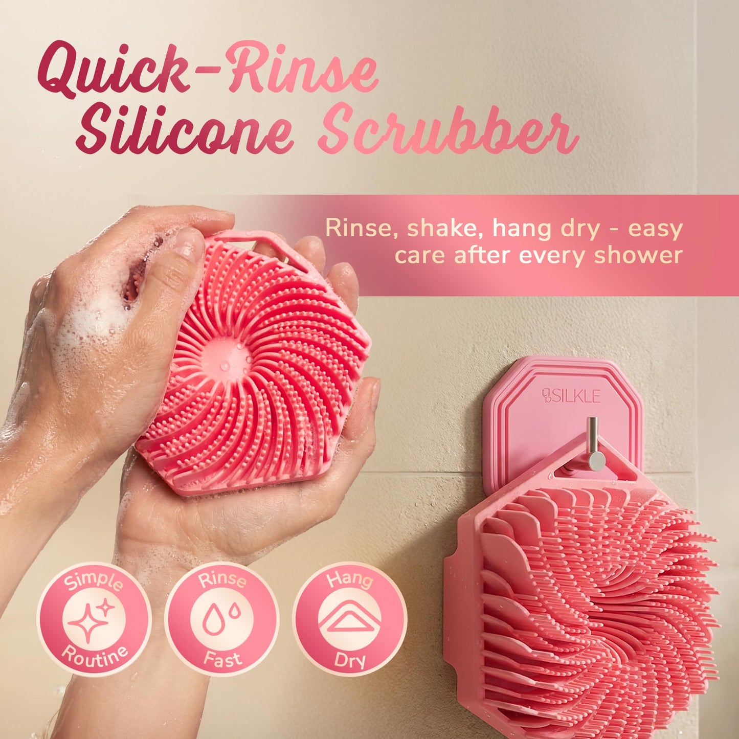 SILKLE Silicone Body Scrubber – Gentle Exfoliating Shower Scrubber for Body & Bath, Silicone Shower Brush & Loofah Alternative – Non-Slip Silicone Body Brush, Quick Dry, Hygienic - Pink