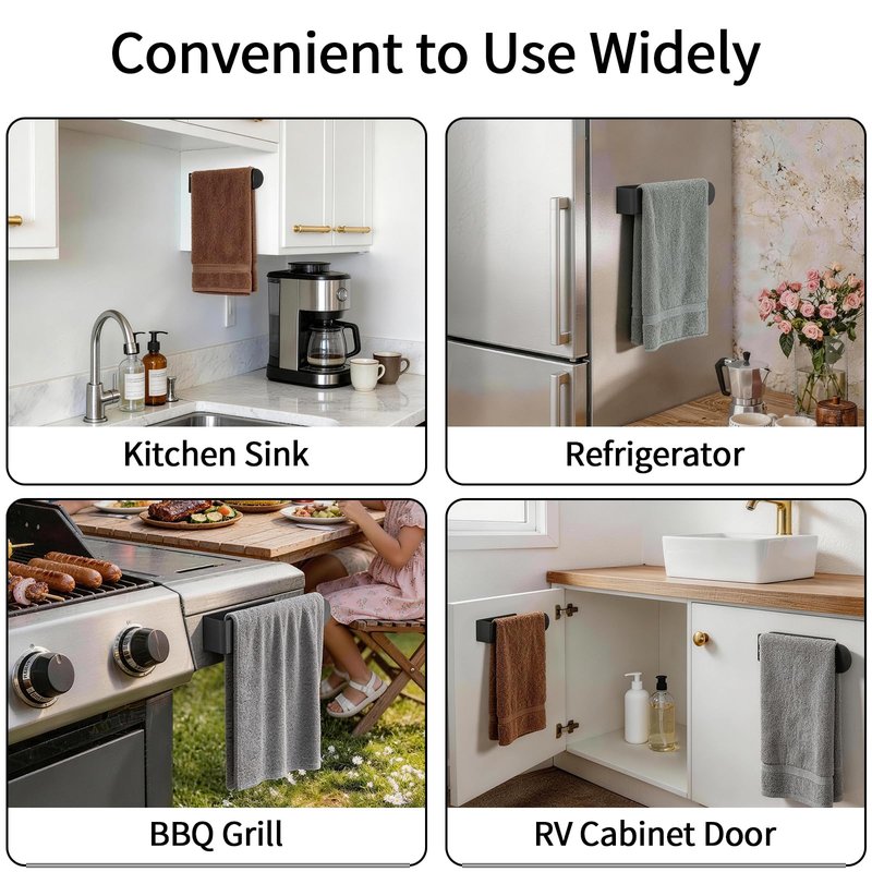 Hand Towel Holder, Self Adhesive Towel Racks for Bathroom Wall Mounted, 8 Inch Square Hand Towel Bar Stick on Wall for Kitchen Cabinet RV, Black (2 Pack)