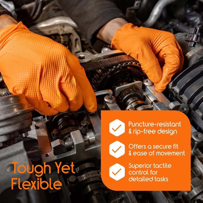 Inspire Heavy Duty Orange Nitrile Gloves Disposable Latex Free | ULTRA 8 Mil Diamond Textured Grip Disposable Cleaning Gloves | Industrial Mechanic Food Large, 100 Count