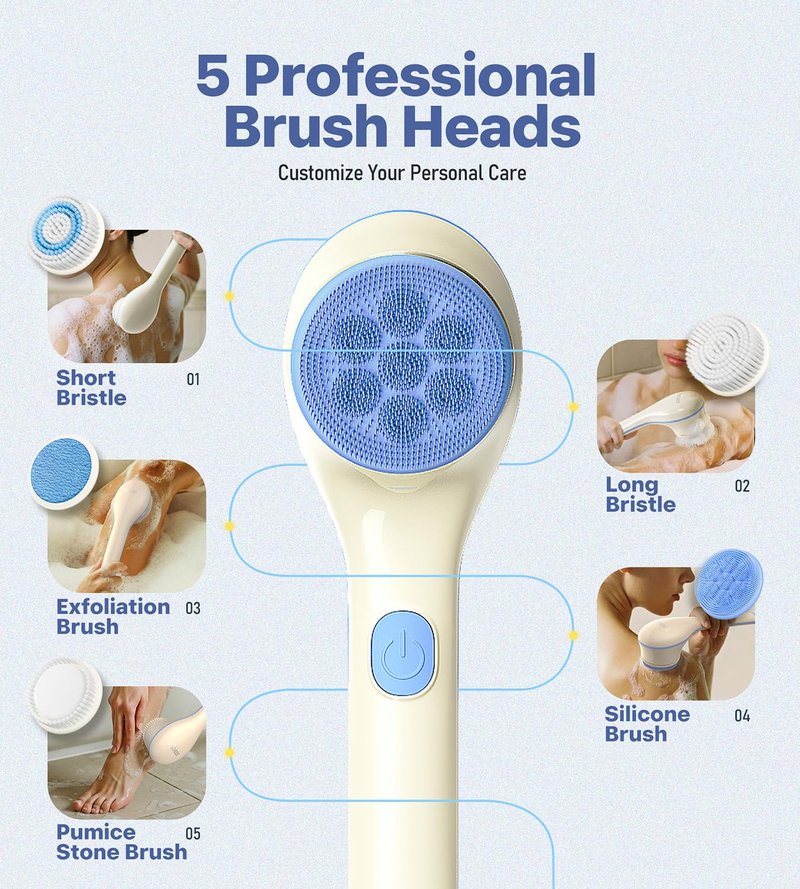 Electric Body Brush Back Scrubber for Shower, Waterproof Long Handle Body Scrubber Bath Brush with 5 Heads, Rechargeable Body Scrub Brush, 2 Speeds for Cleansing, Exfoliating and Massage (White)