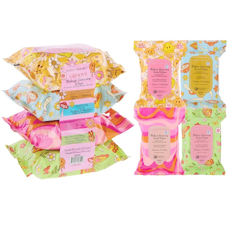 Makeup Removal Wipes Variety Set - 120pcs Charcoal, Tea Tree, Cucumber & Aloe Vera Cleansing Towelettes | 4-Pack