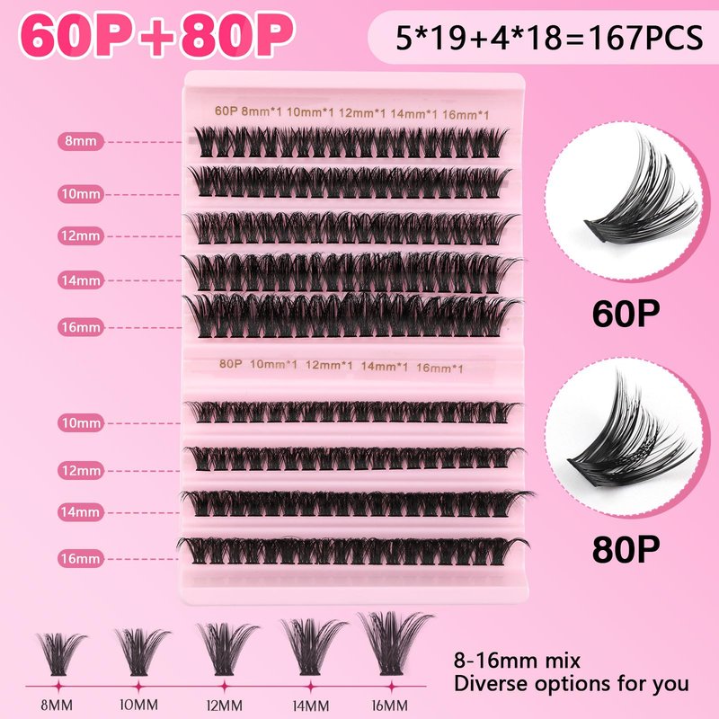 Kiusatig Eyelash Extension Kit 167pcs DIY Individual Eyelashes Kit Cluster Lashes D Curl 8-16mm Lash Extension Kit with Lash Bond Lash Remover Lash Kit Set(60D+80D-8-16Mix Kit)