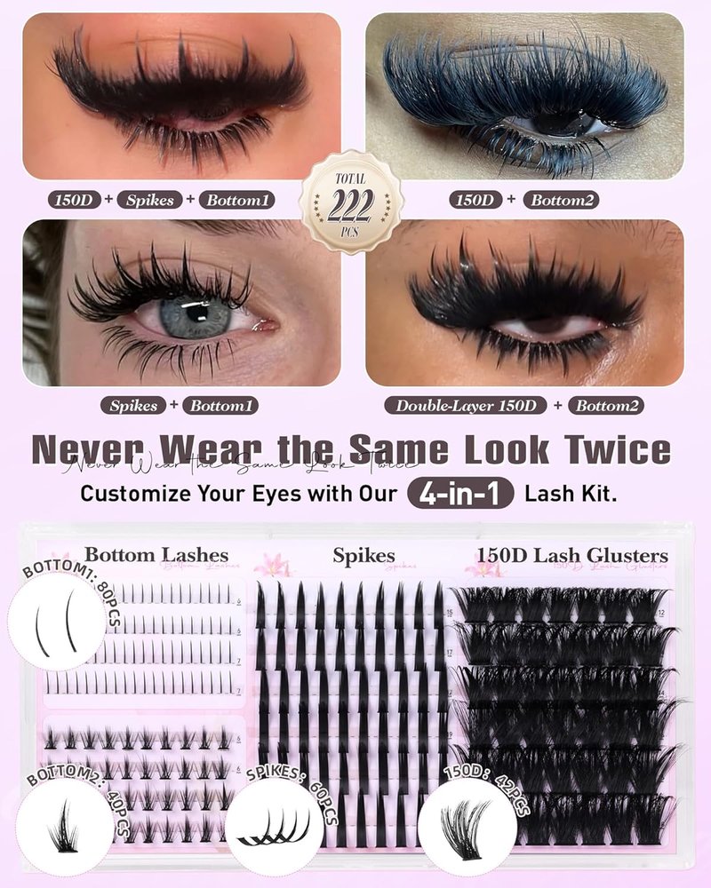 Boahankuke Eyelash Clusters - D Curl Wispy Volume Extensions | 150D Fluffy 222PCS Set