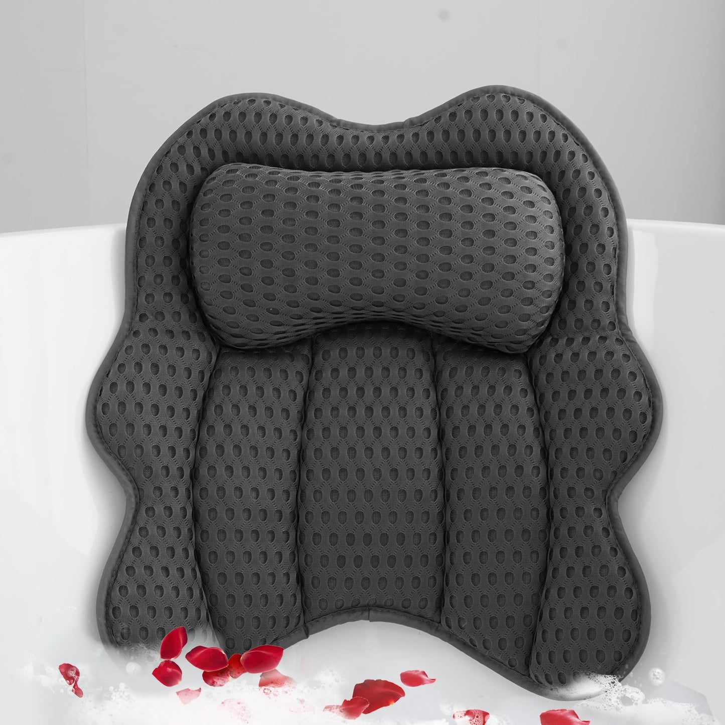 Joeyset Bath Pillow for Tub, 4D Air Mesh Breathable Fabric, Soft Supportive Bathtub Cushion for Head Neck Back, Ergonomic Spa Pillow with Strong Suction Cups, Quick-Drying, Machine Washable (Gray)