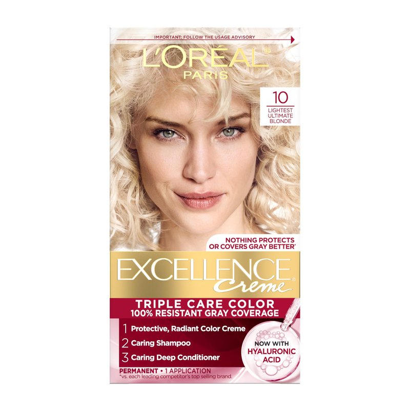 L'Oreal Paris Excellence Crème Permanent Hair Dye, Triple Care Hair Color with Hyaluronic Acid for 100% Gray Coverage, 10 Lightest Ultimate Blonde, 1 Kit (Packaging May Vary)