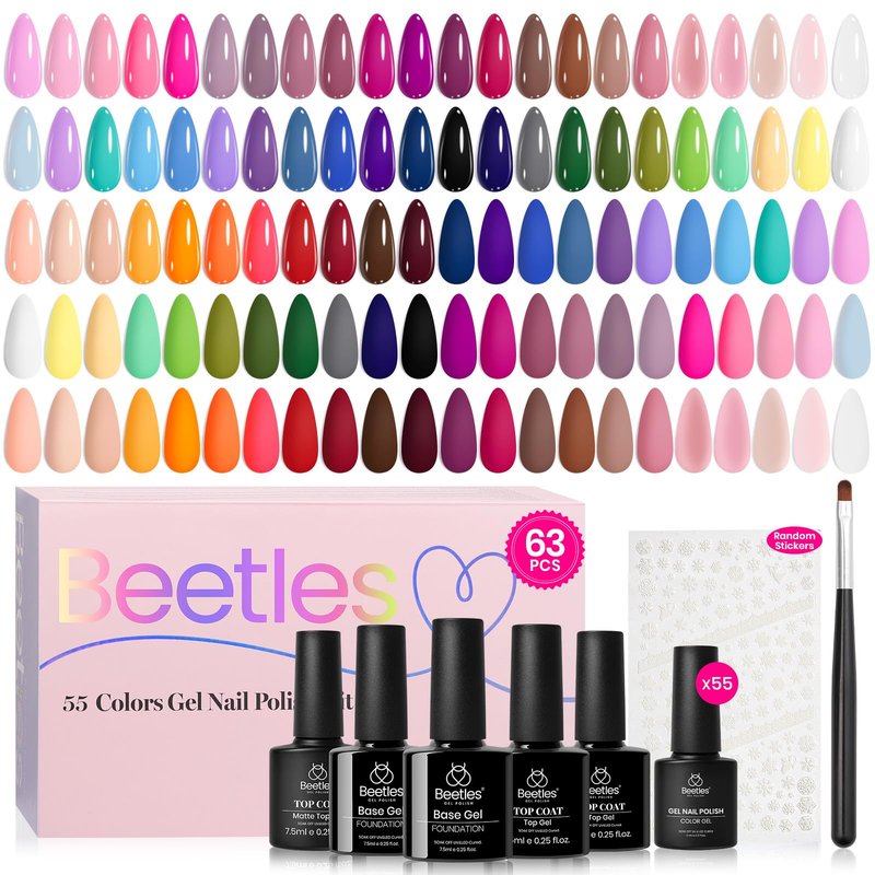 Beetles Summer Gel Nail Polish Set - Vibrarnt Holiday 55 Colors Neon Gel Polish Kit with 5 Pcs Base Glossy Matte Top Coat UV LED Soak off Nail Polish Red Brown Pink Green Blue Summer Gifts for Women