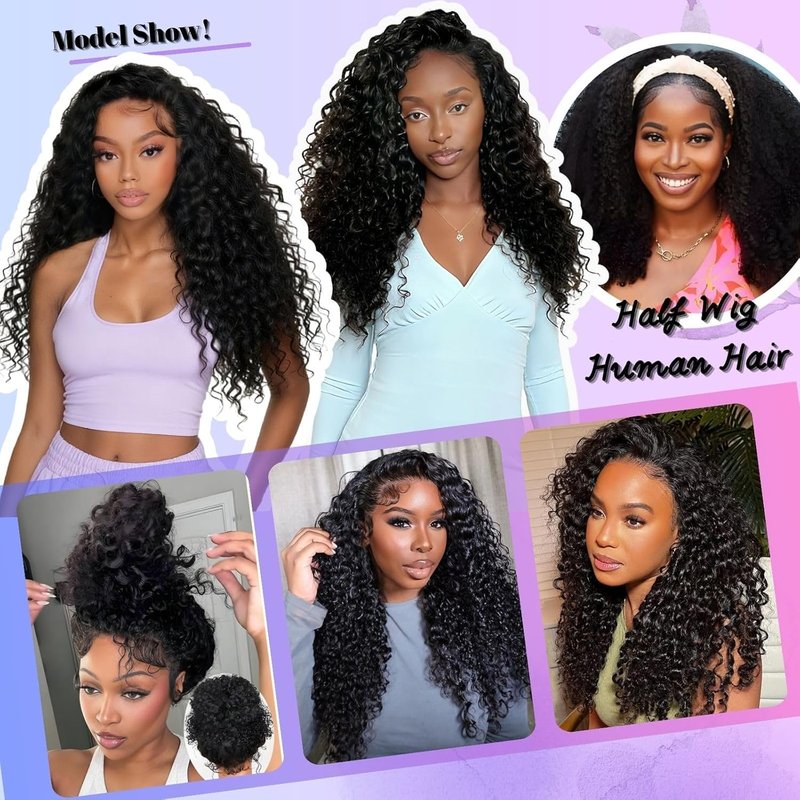 Glimeer Half Wig Human Hair Deep Wave 3 In 1 Drawstring Seamless Filp Over Curly Half Wig 200% Density Wear and Go Glueless Half Wigs for Black Women Natural Color 26 Inch