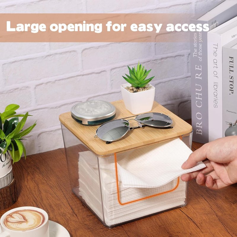 Rainmae Acrylic Face Towel Holder - XL Tissue Storage Box with Bamboo Lid for Bathroom Vanity