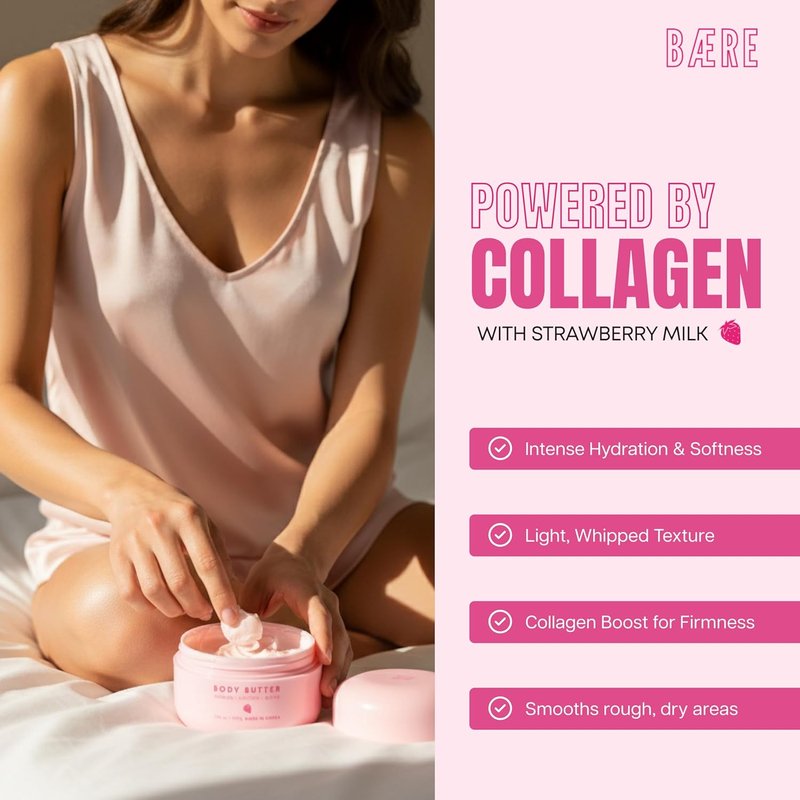 Skiennix Collagen Body Butter - Anti-Aging Strawberry Milk Formula for Soft, Dewy Skin - 7 Fl Oz