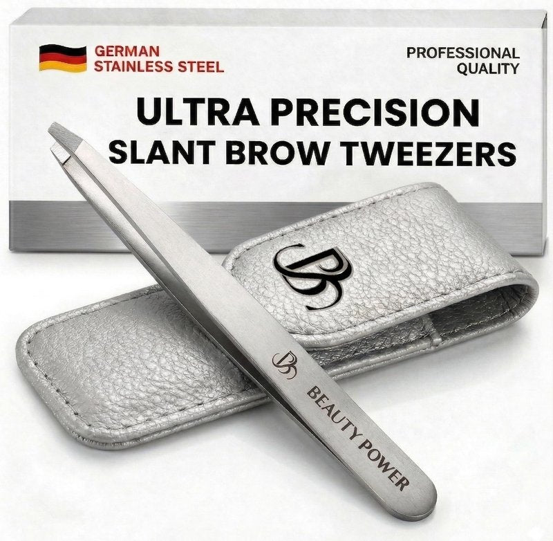 Beauty Power Professional Tweezers in Case - Slant, Durable Lightweight German Stainless Steel, Ultra Precision Tweezers for Eyebrows, Facial Hair, Chin, and Ingrown Hair Removal - Gift Idea - Gray