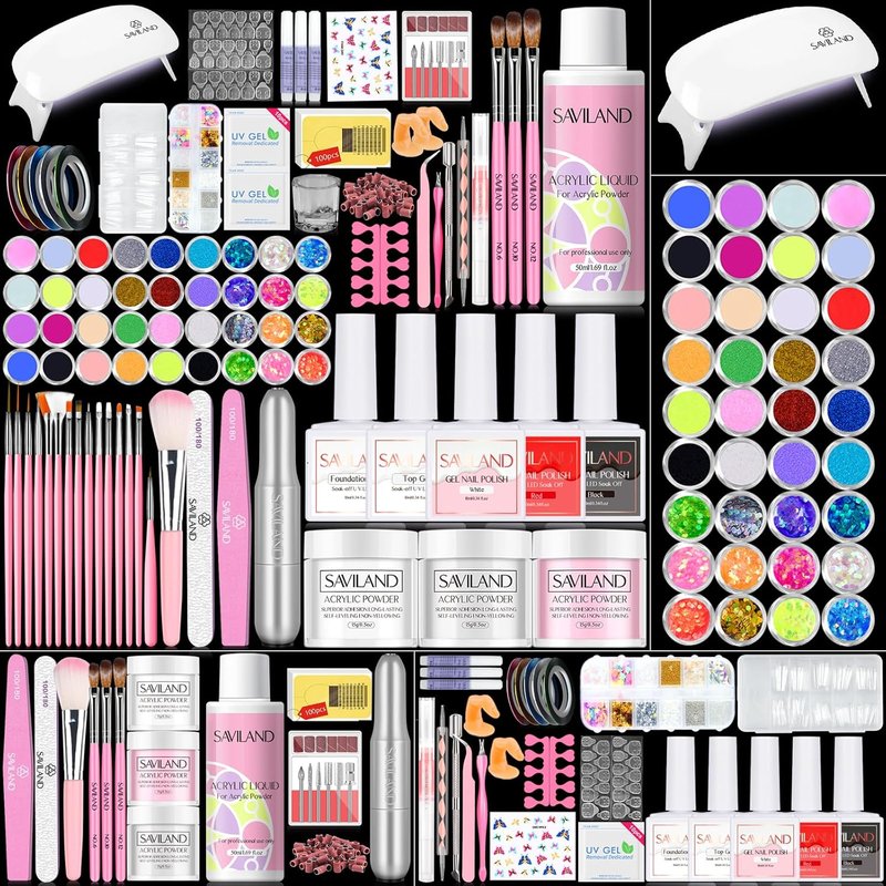 SAVILAND Acrylic Nail Kit - Professional UV Light & Drill with Clear, Pink, Red, and Black Gel Polish