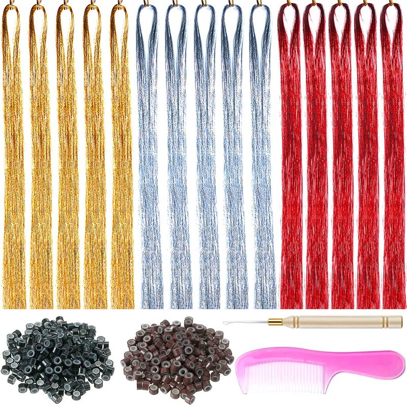 Skiennix Hair Tinsel Kit - 3000 Strands of Sparkling 43-Inch Hair Extensions | 3 Colors for Parties