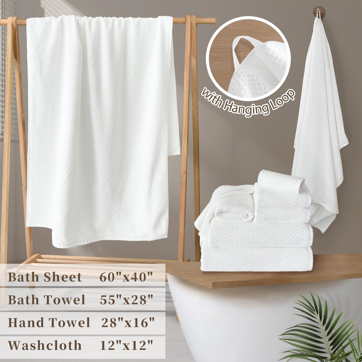 VOOVA & MOVAS Bath Towels Set of 4, Large 28" x 55" - 100% Cotton | Quick Dry | Thick | Absorbent, Ivory White Shower Towel Sets for Bathroom,Popcorn Textured Bath Towels, Towel Gift Set, Ivory