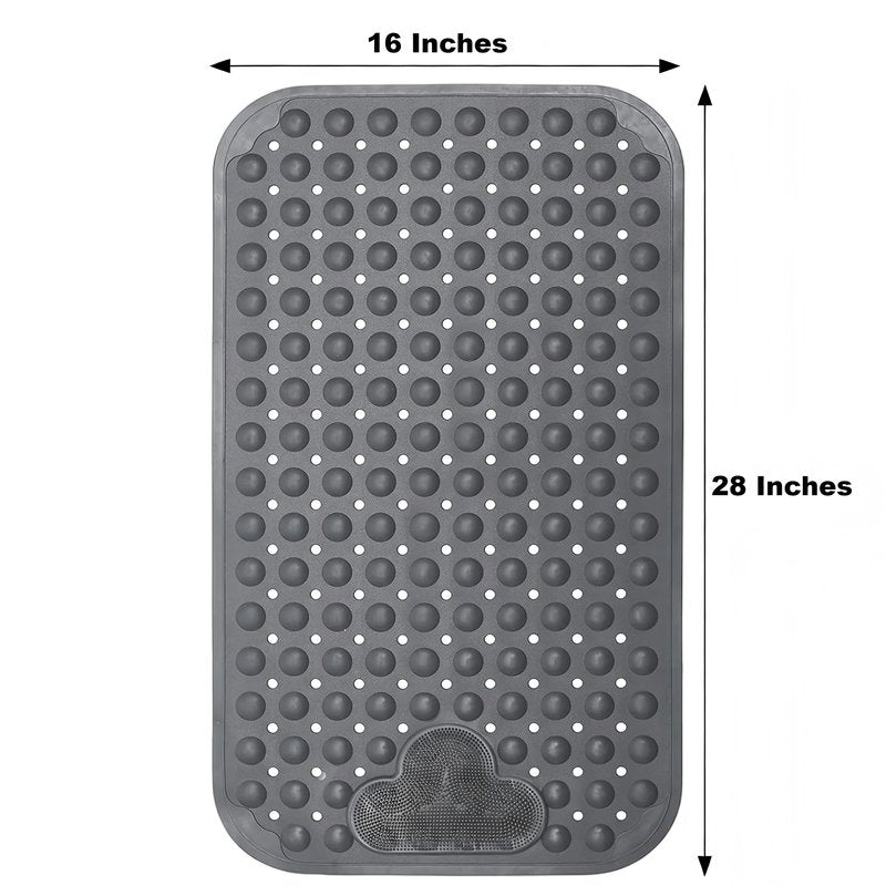 Bathtub Anti-Slip Mat Shower Mat with Suction Cups Drain Hole Foot Massage Bathroom Floor Mat 28x16 Inch (Grey)