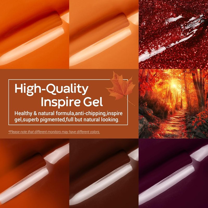 Modelones Gel Nail Polish Set - 6 Colors for Winter | Brown, Orange, Burgundy & Glitter Shades