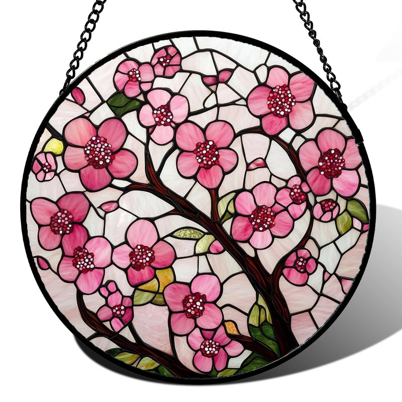 CRISGIF Stained Glass Window Hanging - Cherry Blossoms Birth Flower Suncatcher for Door Garden Patio Sun Catchers Decor Christmas Mother's Day Birthday Gifts for Women Mom Nana Friend Wife 6.3 in