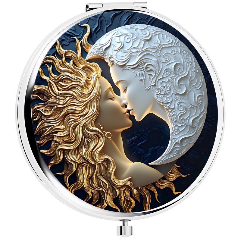 Silver Compact Mirror, 2.8x2.8inch Double-Sided Folding Makeup Mirror with Moon Goddess Face Design, Ideal Gift for Women