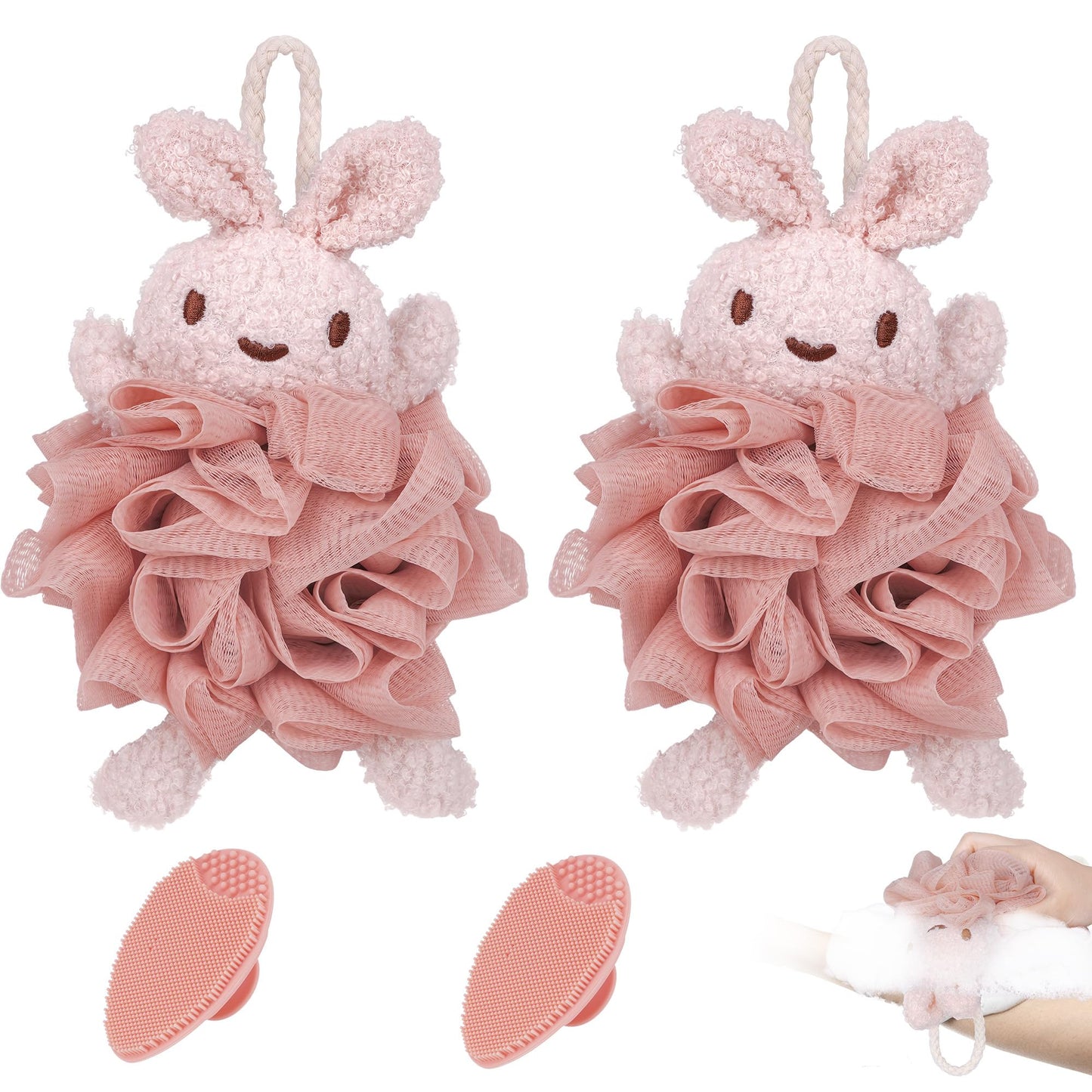 Biiange Bath Sponges,Animal Bath Sponges, Handmade Bath Flower Cute Rabbit, Bathing Balls,Exfoliating Back Scrubber, Bath Scrubber, Shower Scrubber, Body Scrubber(2Pcs Rabbit
