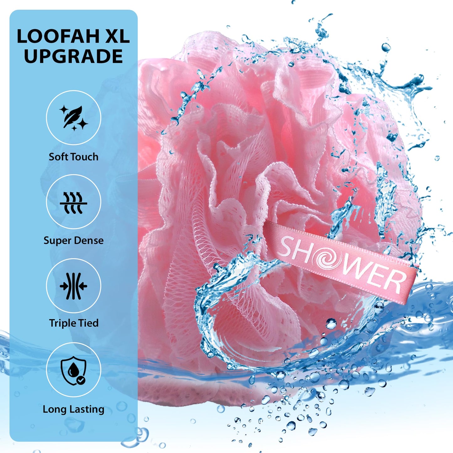 SHOWER BOUQUET Blue+Pink-Loofah-Bath-Sponge Lace-Mesh-Set // 2-Scrubs-in-1 // Large 60g Pouf 4-Pack Body Luffa Loofa Loufa Puff - Exfoliate, Cleanse Skin with Luxurious Bathing Accessories