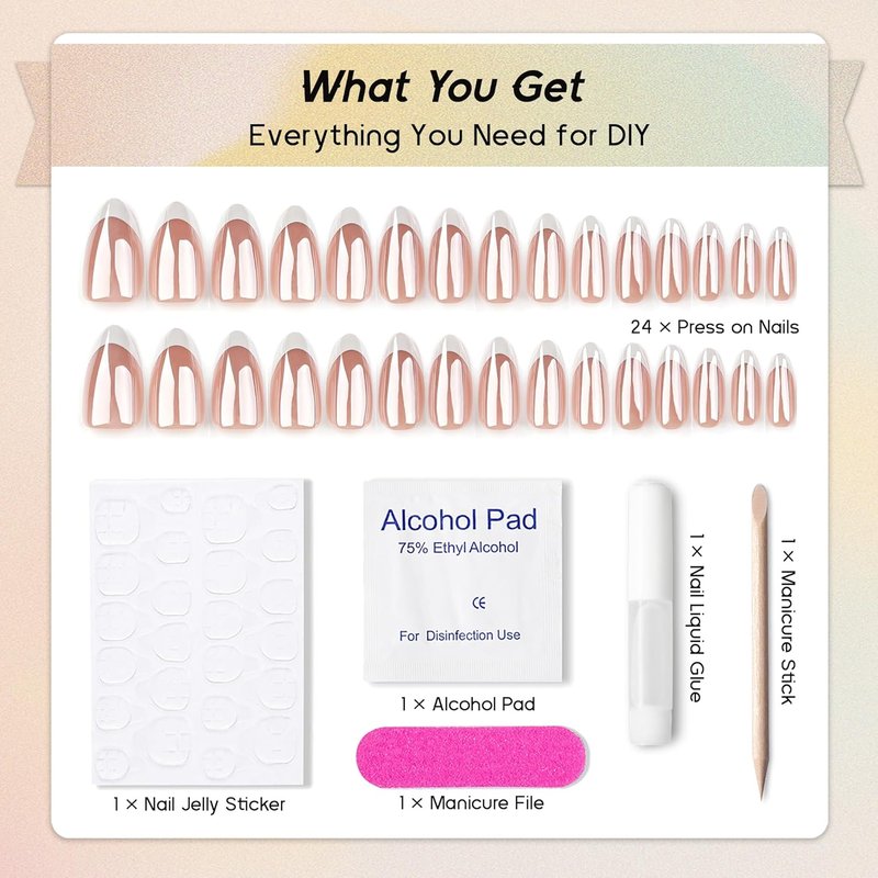 Qsnidy Press-On Nails - Medium Glazed Nude with White French Tips | Almond Chrome Acrylic, 30-Piece Kit in 15 Sizes
